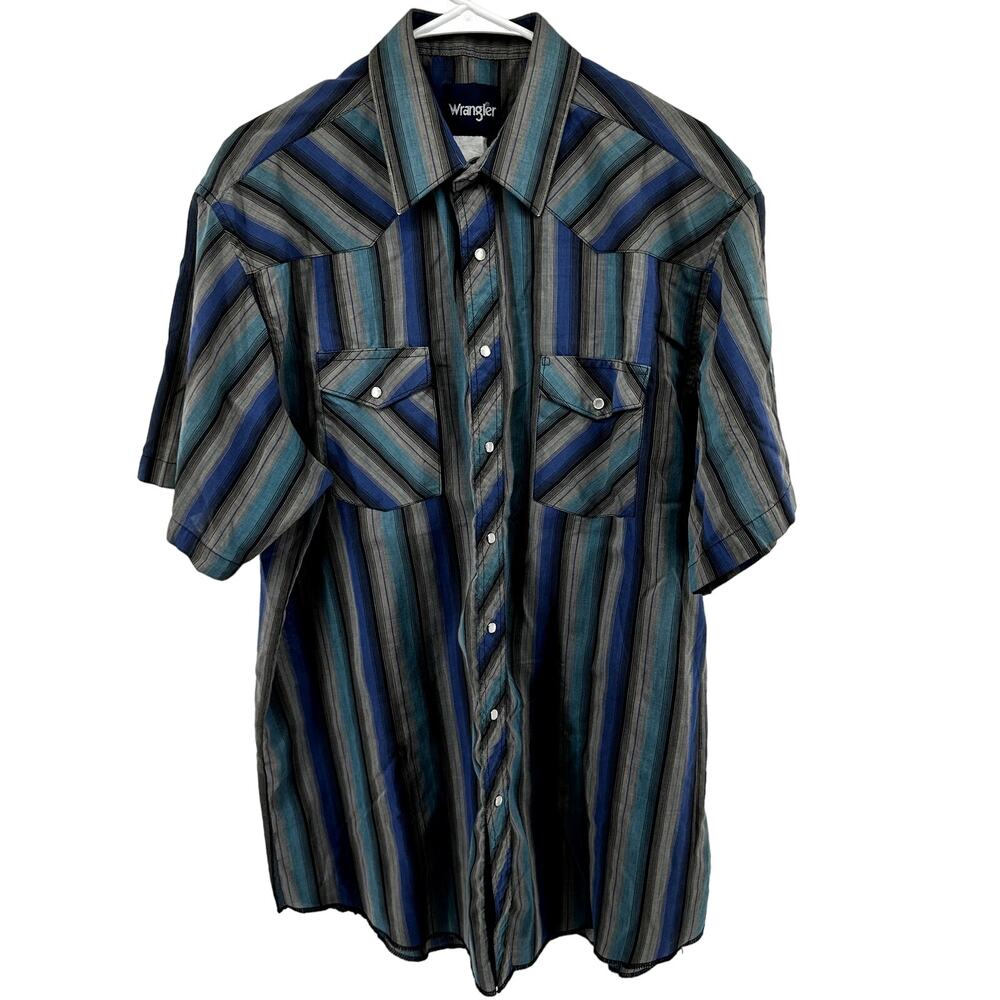 Vintage Wrangler Pearl Snap Button Down Shirt Striped Chest Pocket Blue XLarge